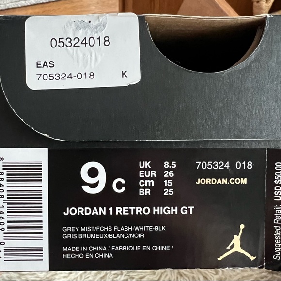 Retro unisex high-top Air Jordan, toddler size 9, grey mist/ fuchsia color. - Picture 2 of 8